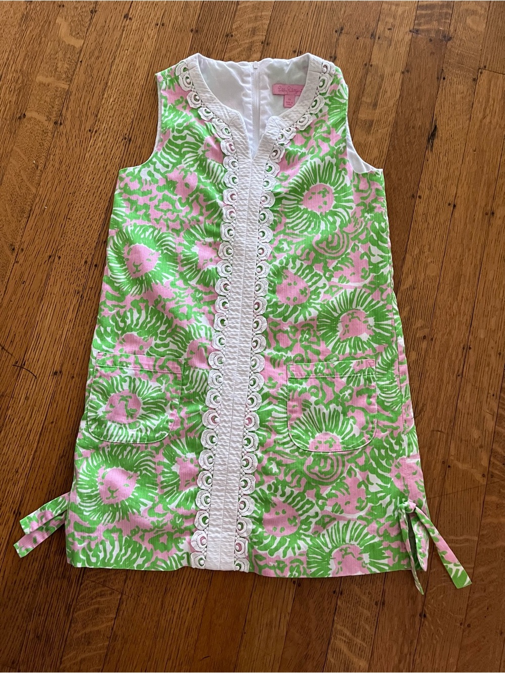 Lilly Pulitzer Pink & Green Floral V-Neck Shift with White Lace Trim